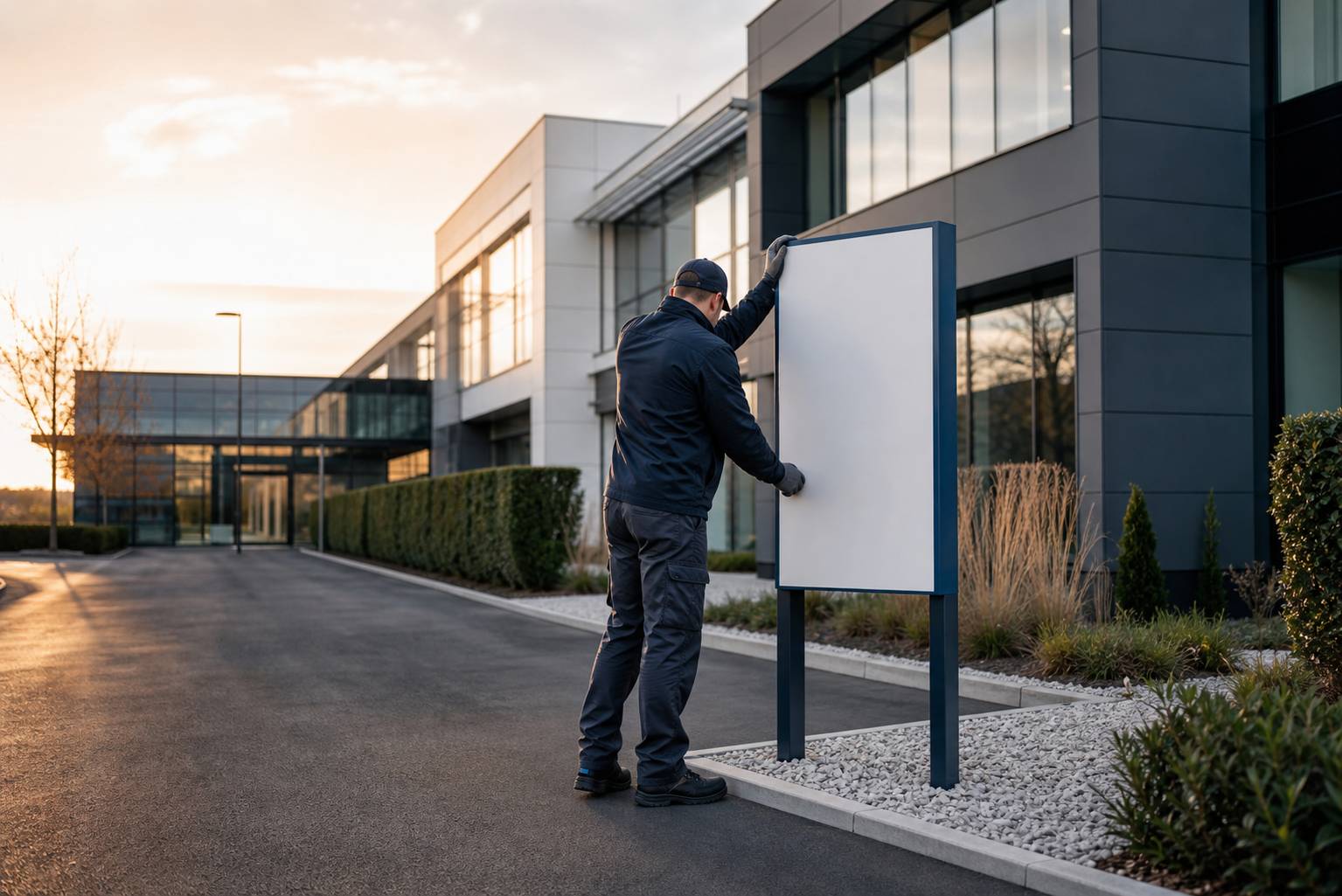 Employé posant un panneau de signalétique au bord d'une allée d'entreprise avec bâtiment moderne en arrière-plan