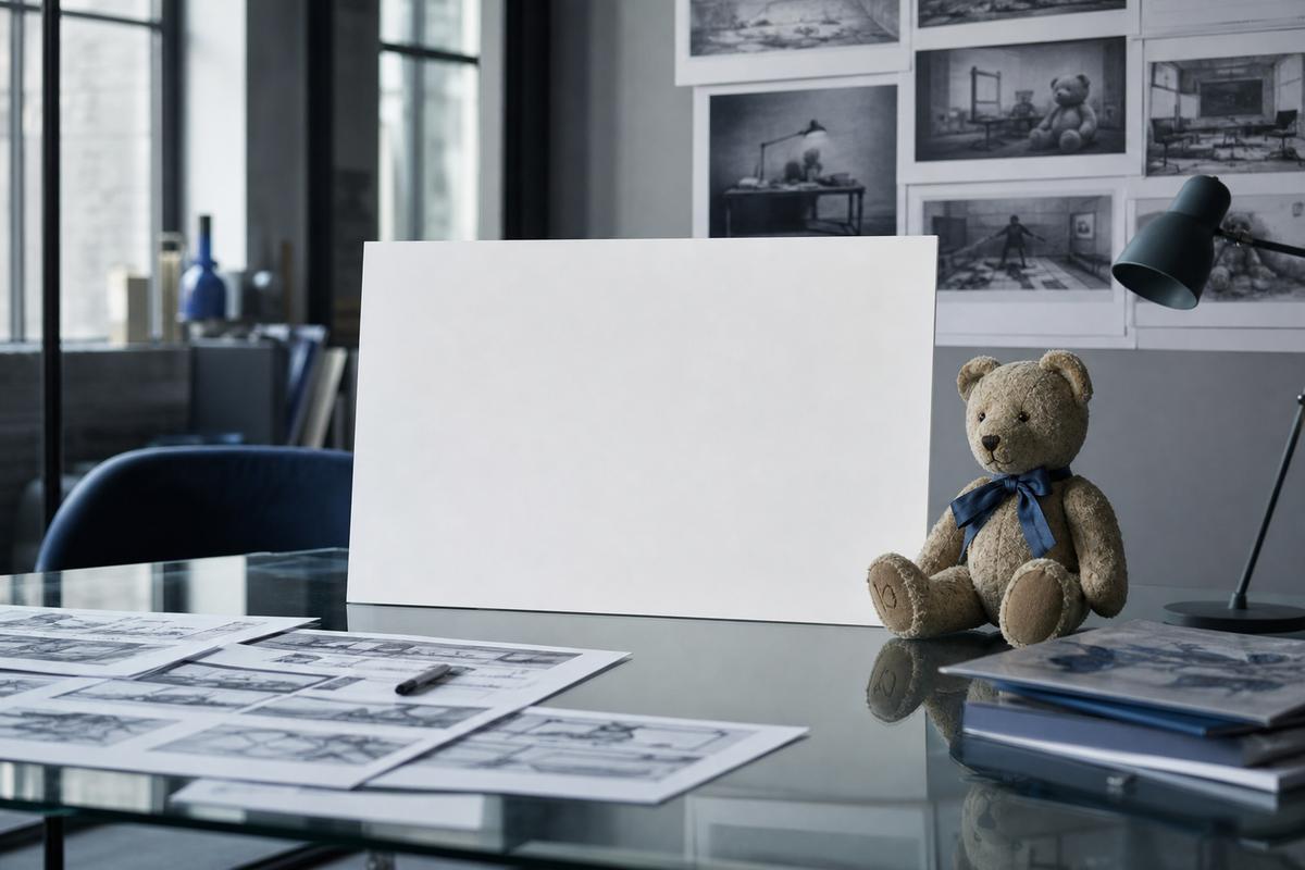 Maquette publicitaire et storyboards sur un bureau en verre, ours en peluche usé, ambiance agence créative londonienne