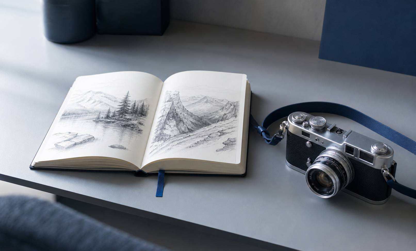 Carnet de voyage ouvert avec croquis et appareil photo argentique