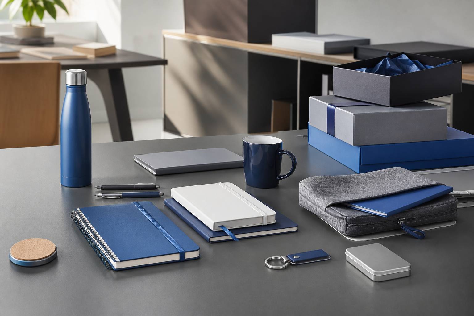 Goodies personnalisés sur une table de travail pour une stratégie de communication par l'objet
