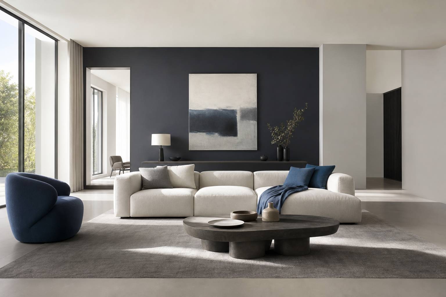 Salon moderne et lumineux avec canapé design et décoration soignée pour l'aménagement intérieur