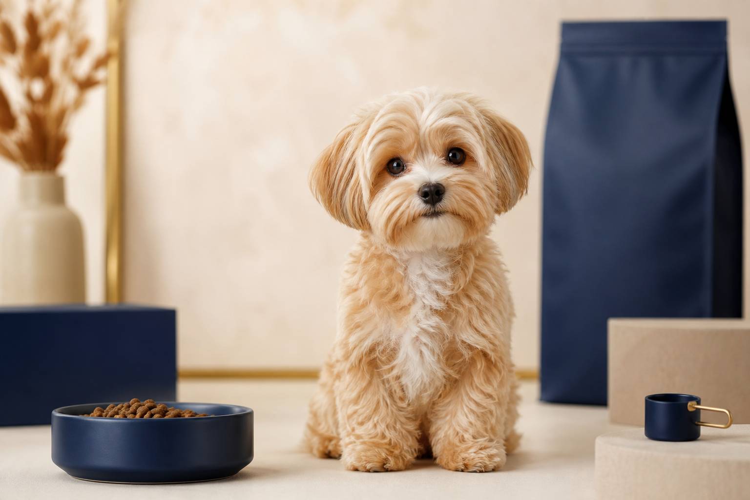 Photographie professionnelle d un petit chien en studio avec éléments de marque d alimentation premium