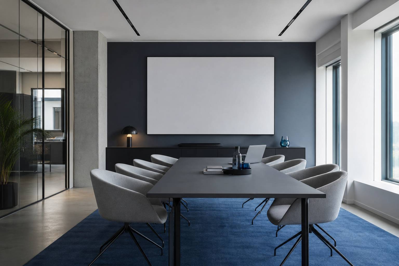 Salle de reunion d'agence avec mobilier design et presentoir