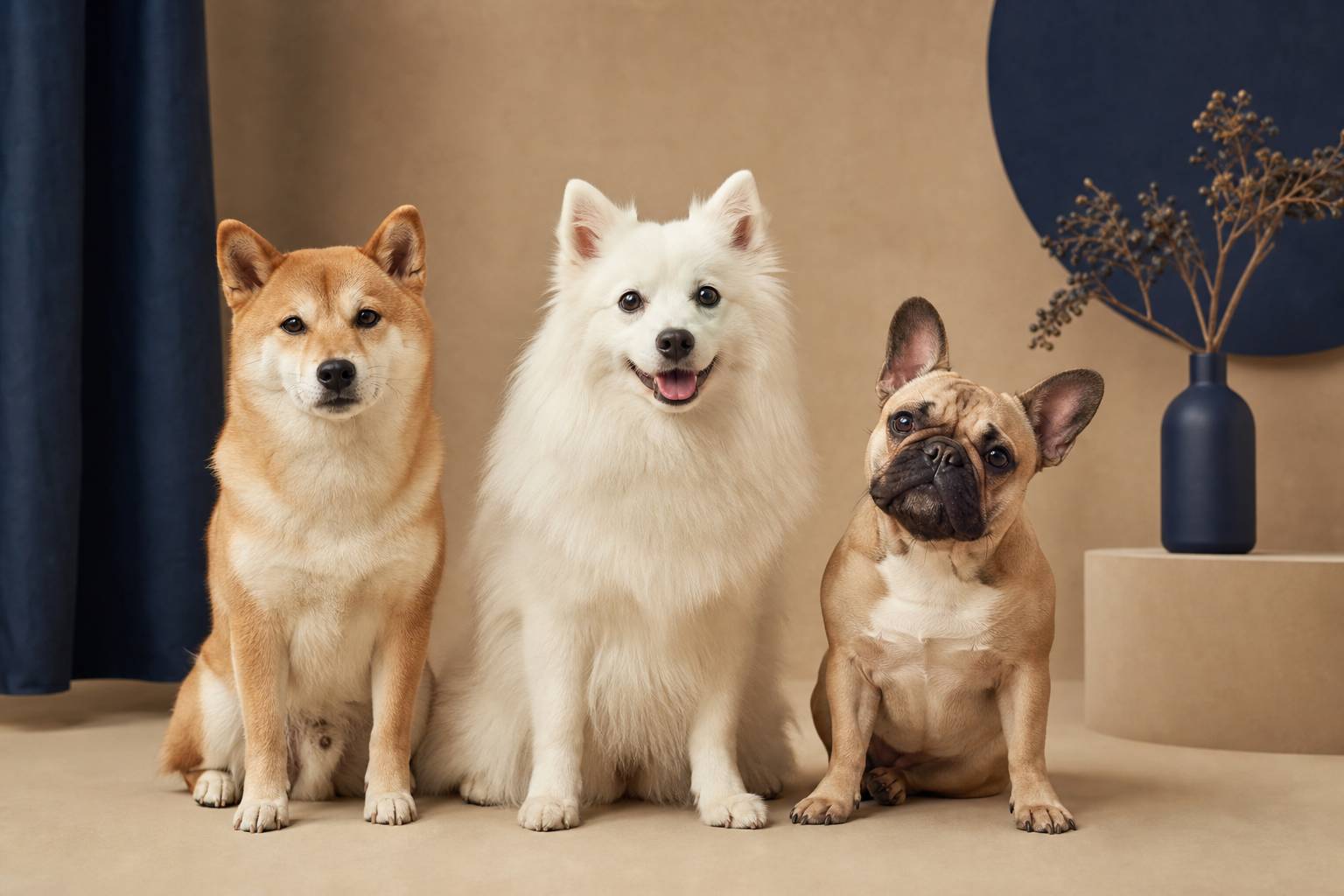 Photographie professionnelle de trois chiens Shiba Inu, Spitz nain et Bouledogue français en studio