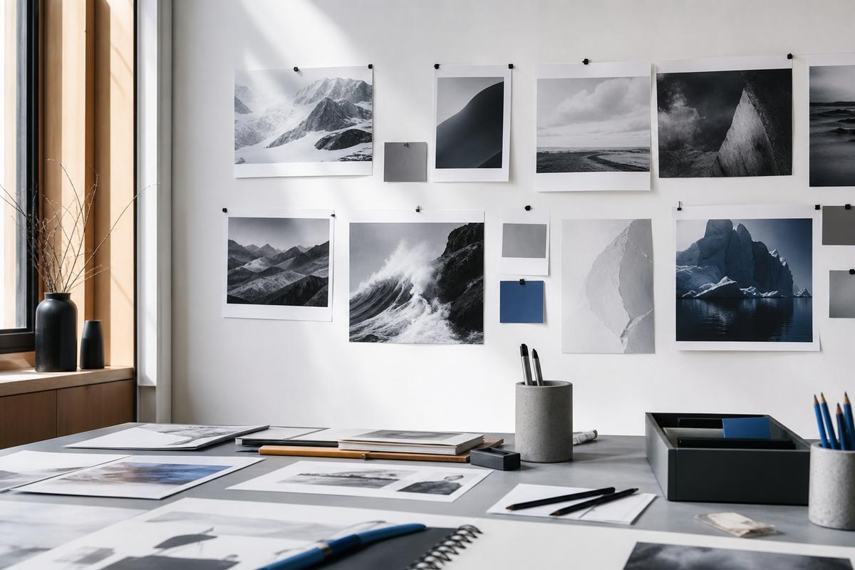 Storyboards en noir et blanc épinglés sur un mur blanc, marqueurs et crayons sur une table, ambiance agence créative