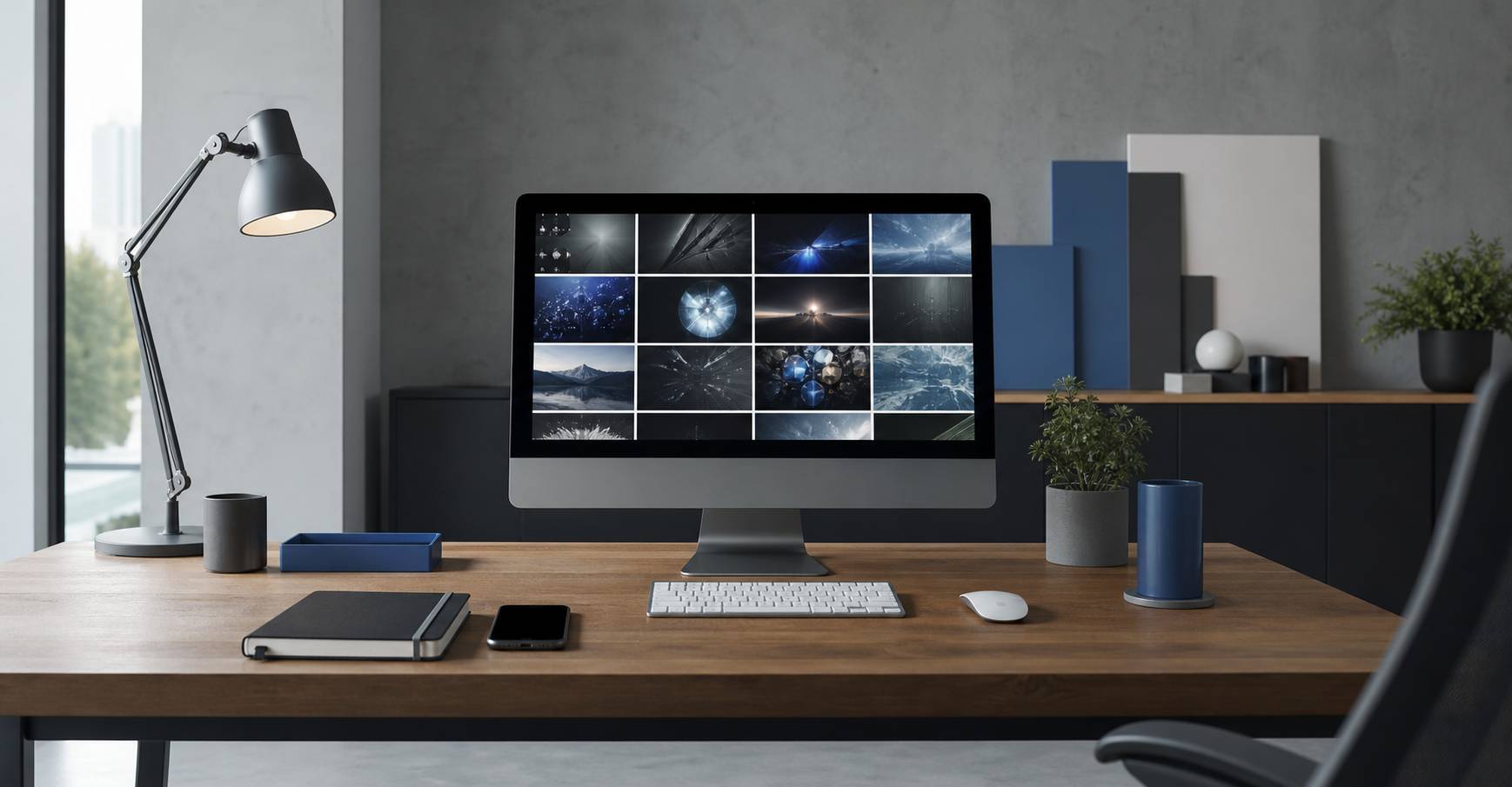 Studio créatif moderne avec écran et espace de travail dédié aux réseaux sociaux