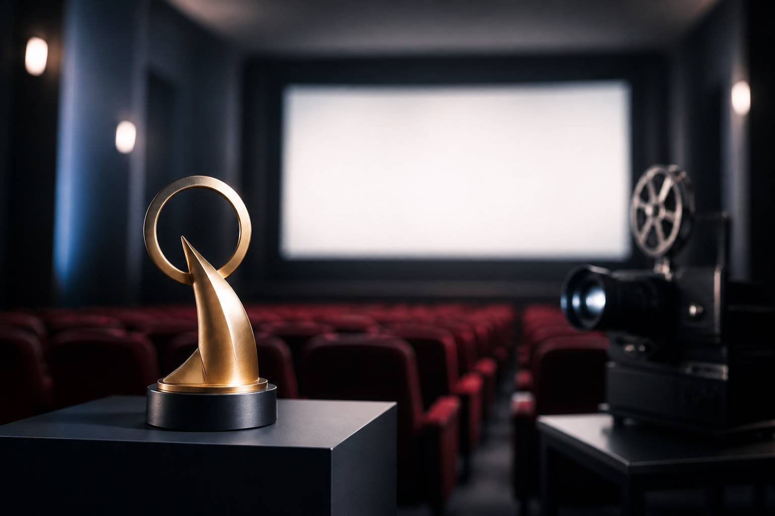 Salle de cinéma avec projecteur et trophée doré générique sur fond de sièges rouges