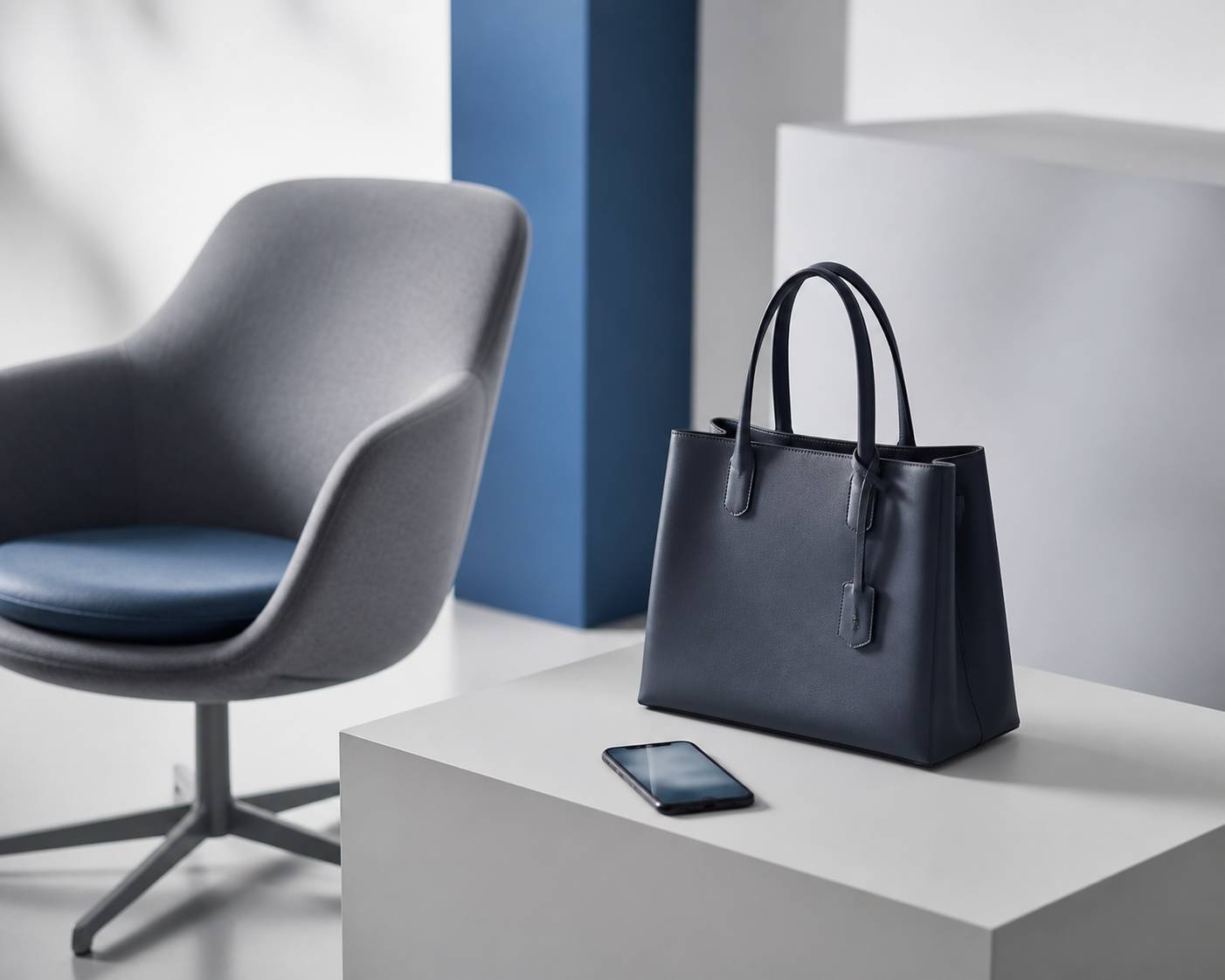 Fauteuil design et sac à main génériques sur un podium blanc épuré