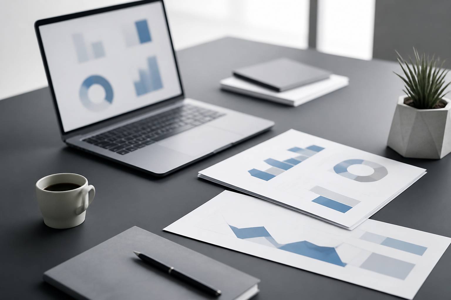 Bureau épuré avec ordinateur portable, graphiques génériques et tasse de café