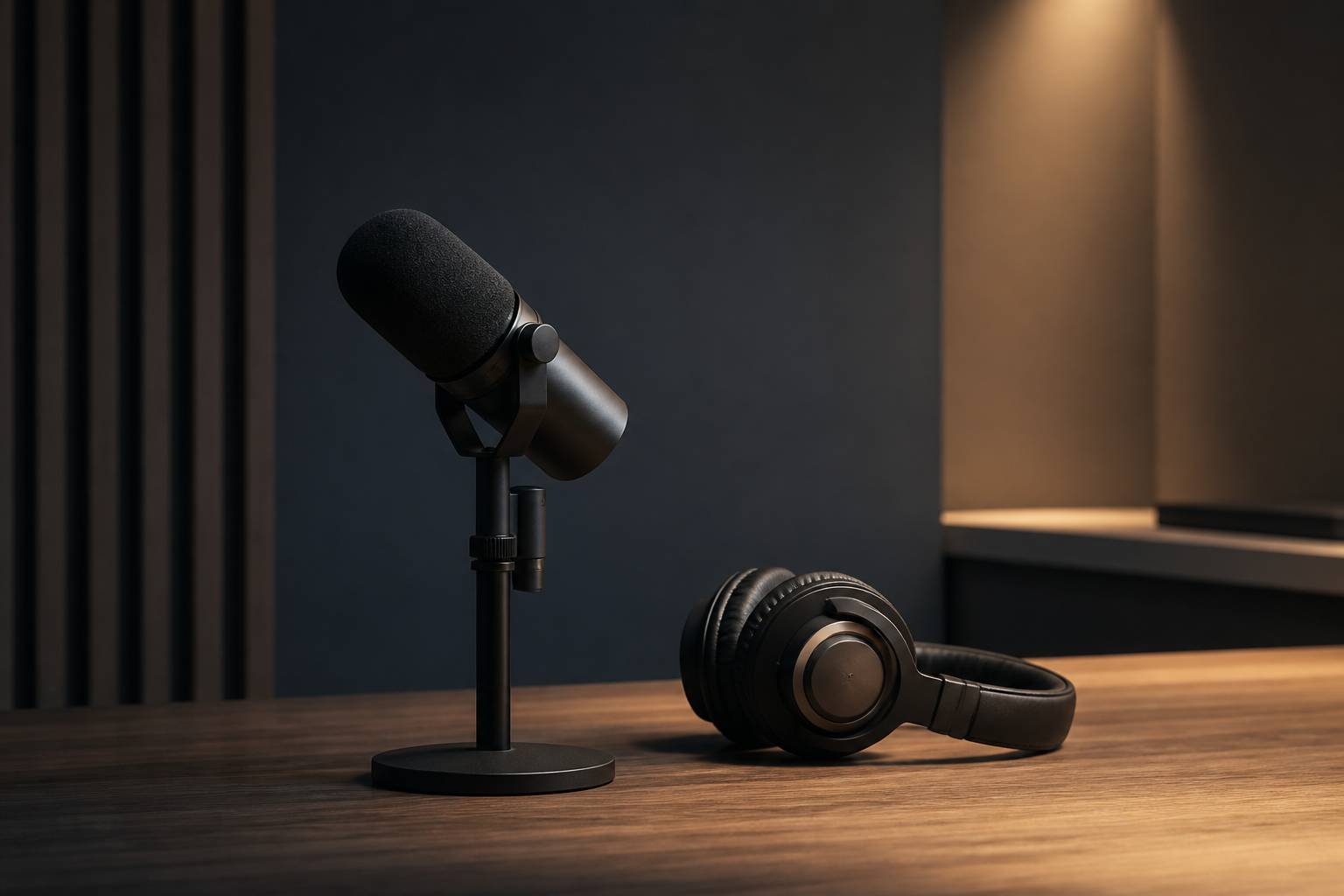 Microphone de studio avec bonnette et casque dans une lumière tamisée intimiste