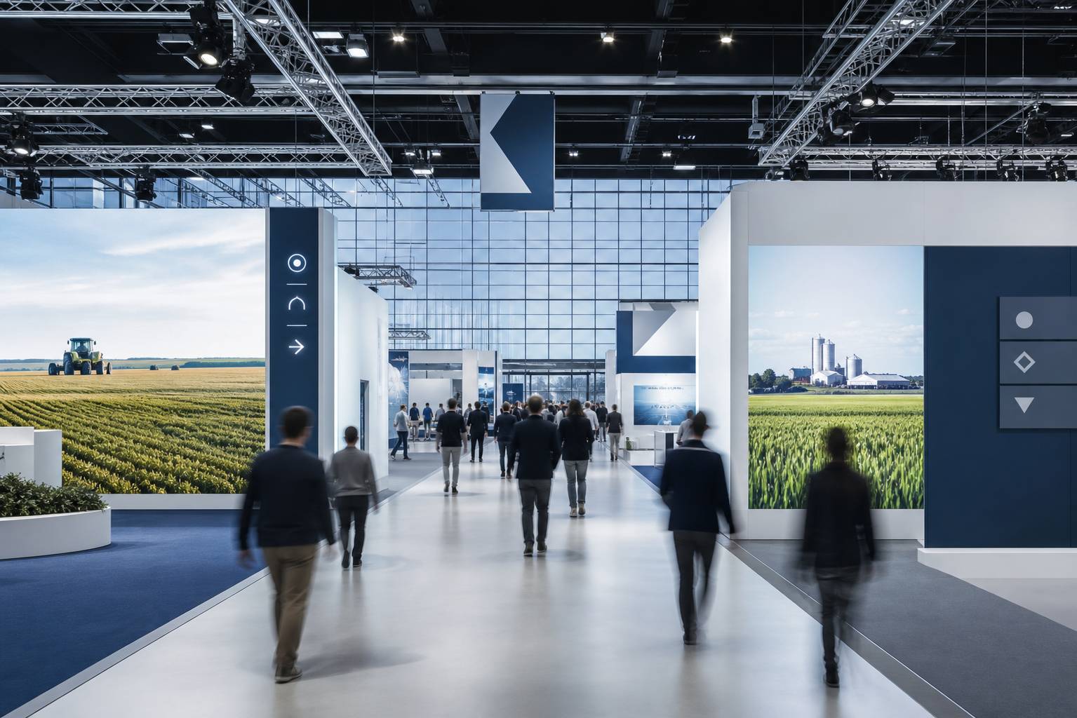 Pavillon d'exposition lumineux avec écrans et visiteurs dans un grand salon