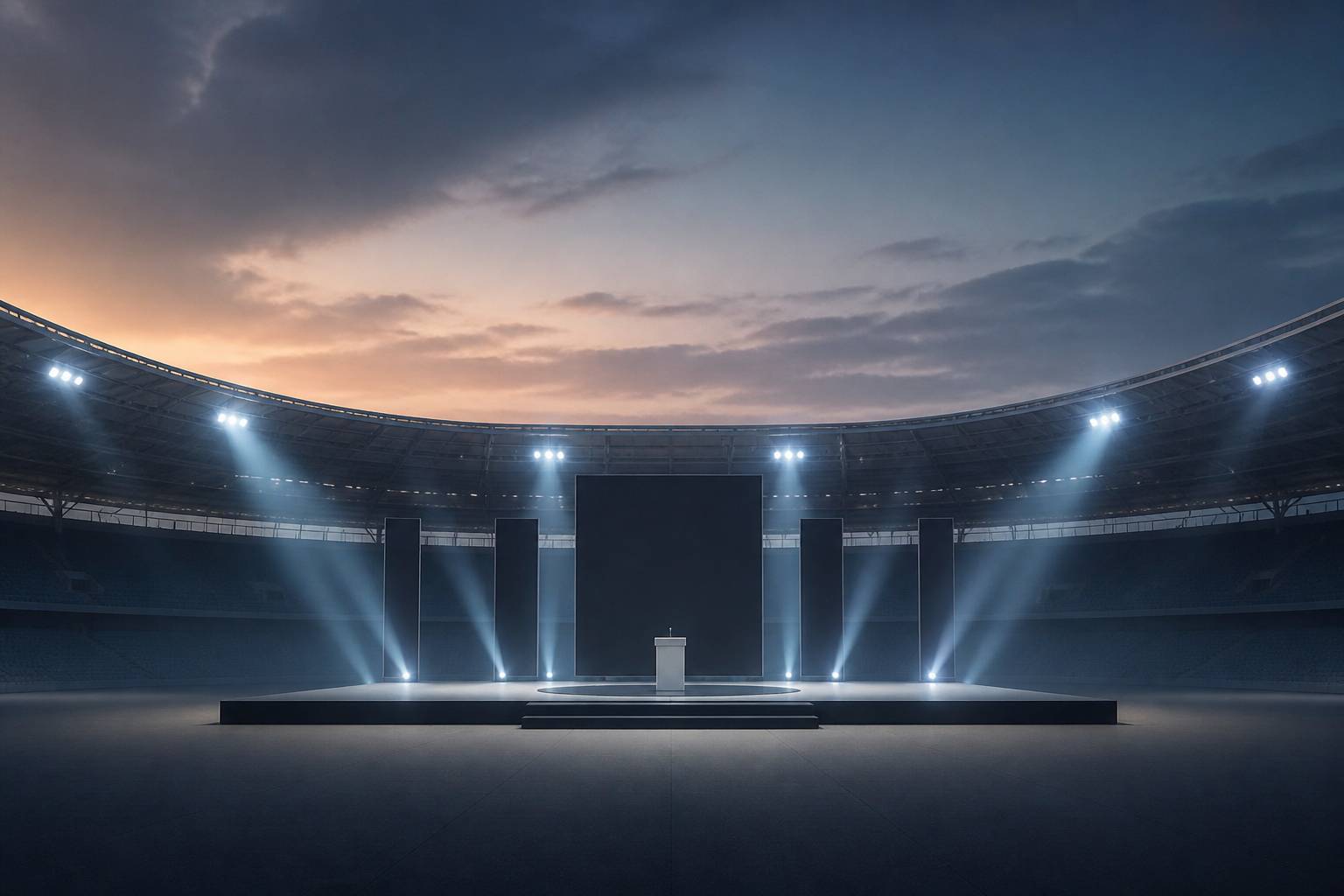 Grand stade vide au crépuscule avec faisceaux de projecteurs et podium