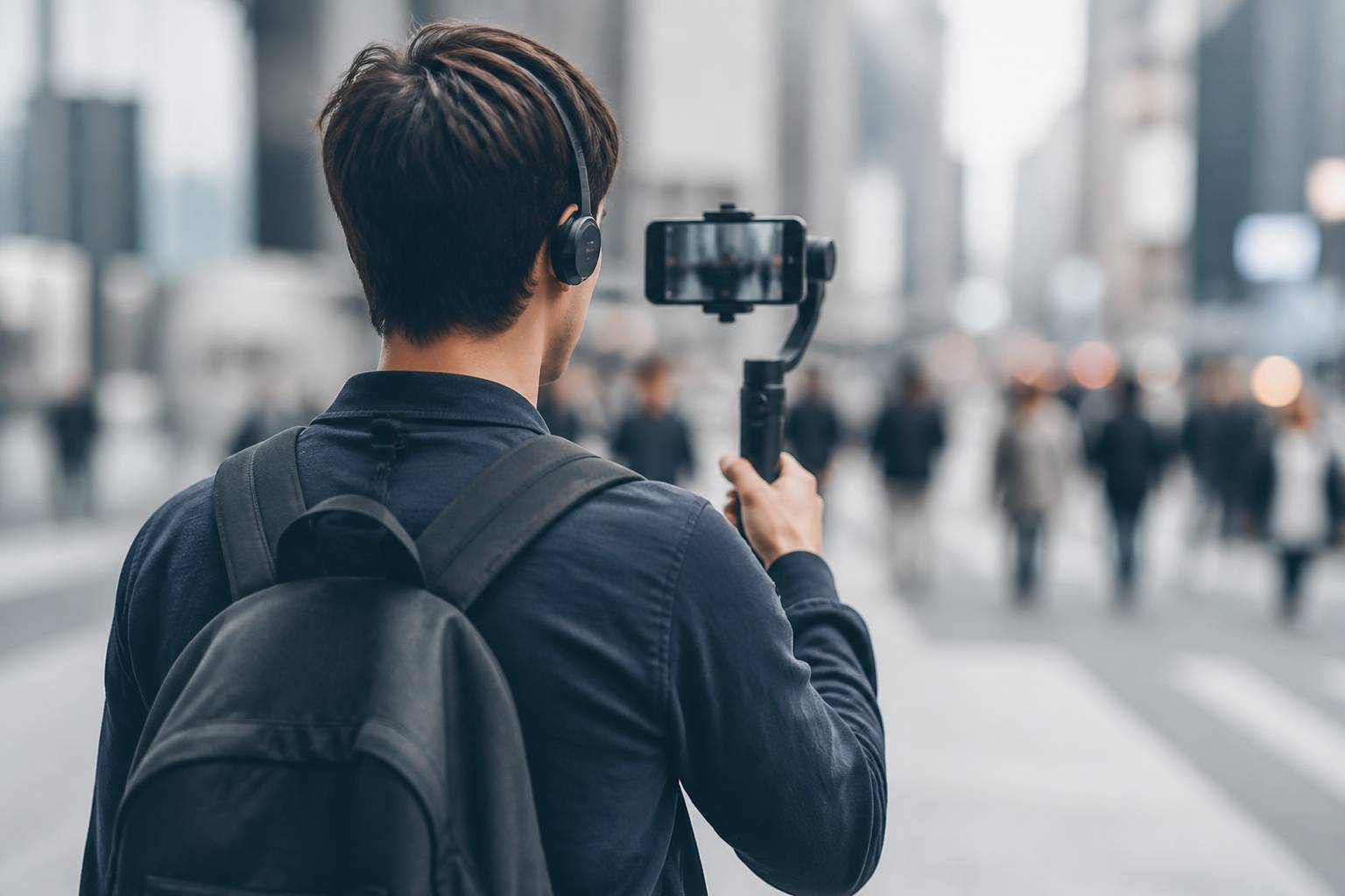 Streamer vu de dos en ville avec smartphone sur stabilisateur et micro