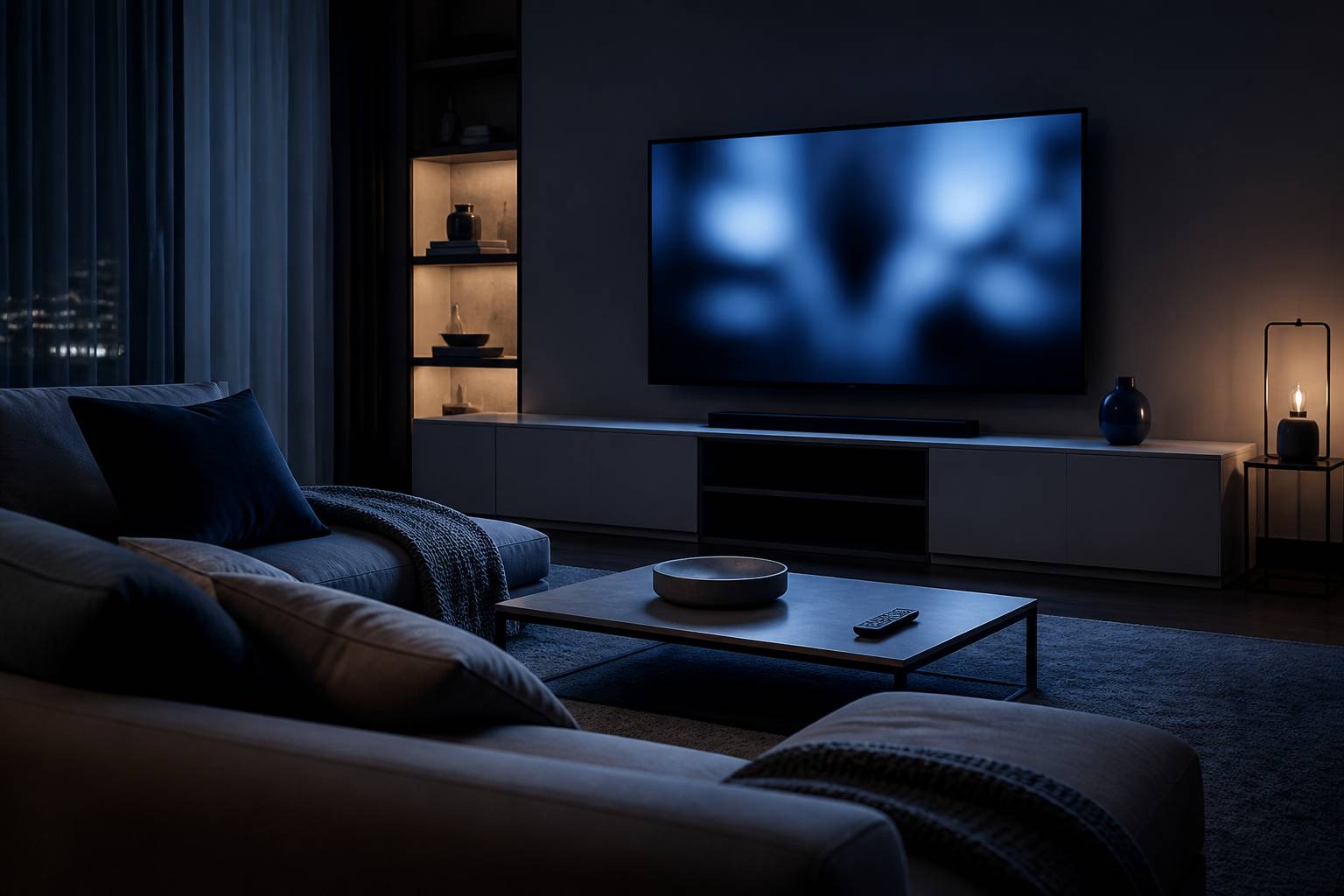 Salon cosy avec grand écran de télévision allumé et canapé en soirée