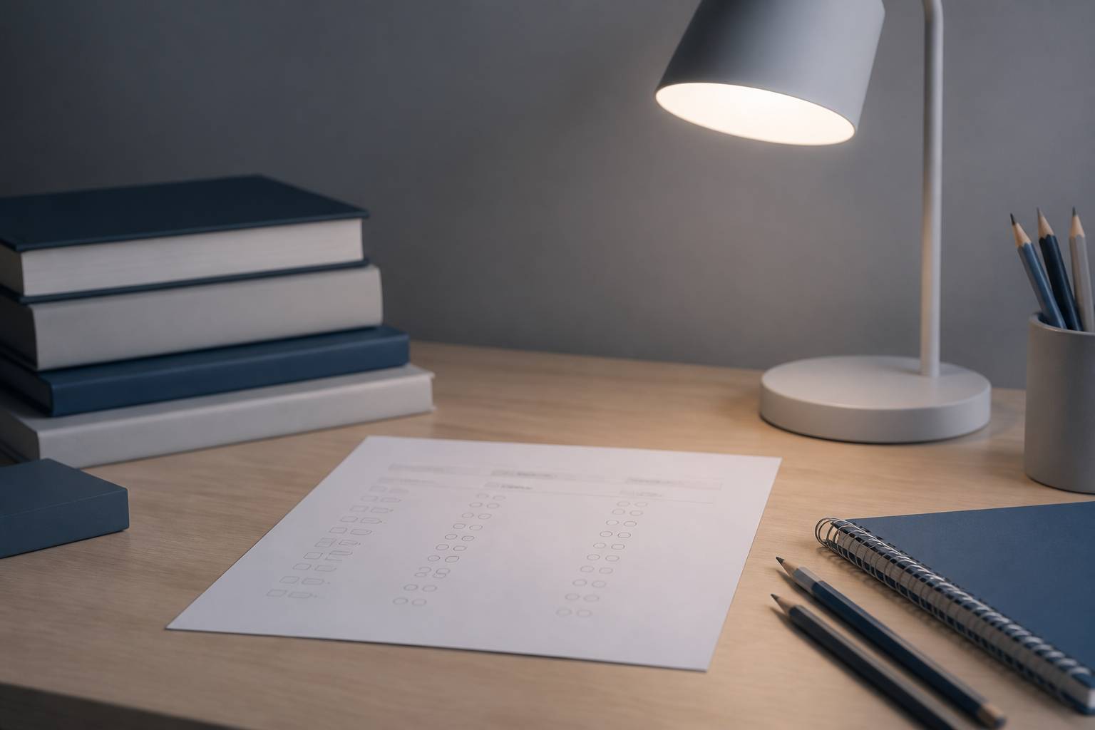 Feuille de test générique et livres scolaires sur un bureau d'étude épuré