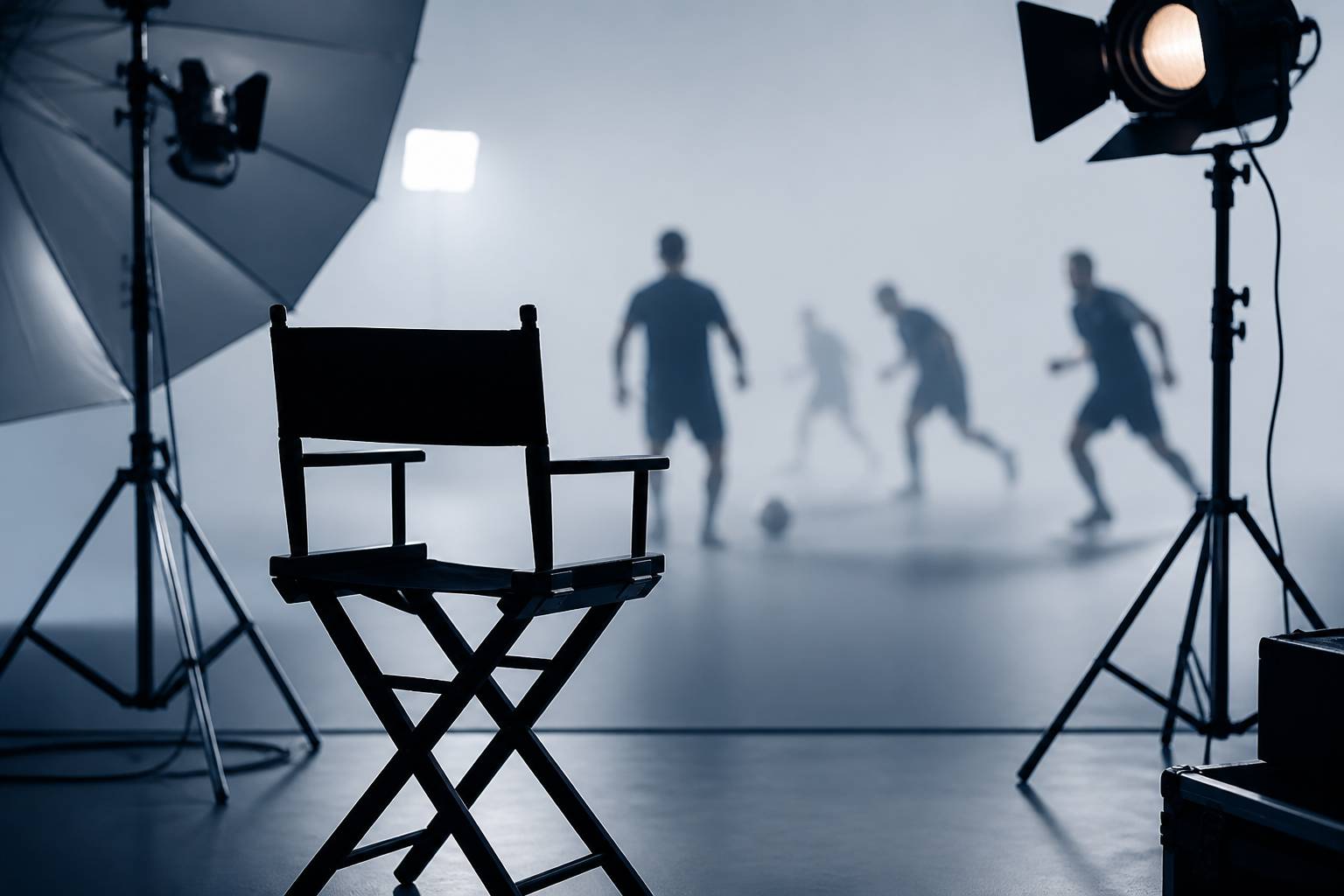 Plateau de tournage publicitaire avec projecteurs et silhouettes de joueurs de football