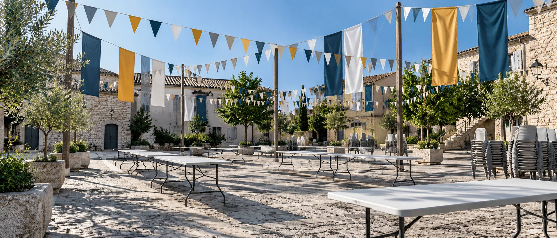 Rangées de banderoles de tissu unicolores et fanions vierges tendus sur une place