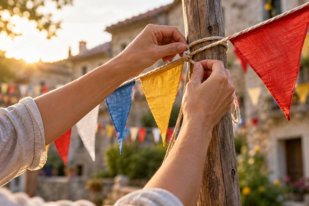 Illustration de détail sur le sujet : Pavoiser une fête de village : drapeaux, banderoles et signalétique