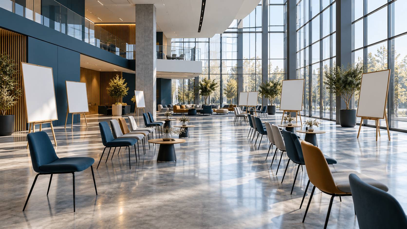 Salle avec rangées de chaises, tables et panneaux d'affichage vierges sur chevalets