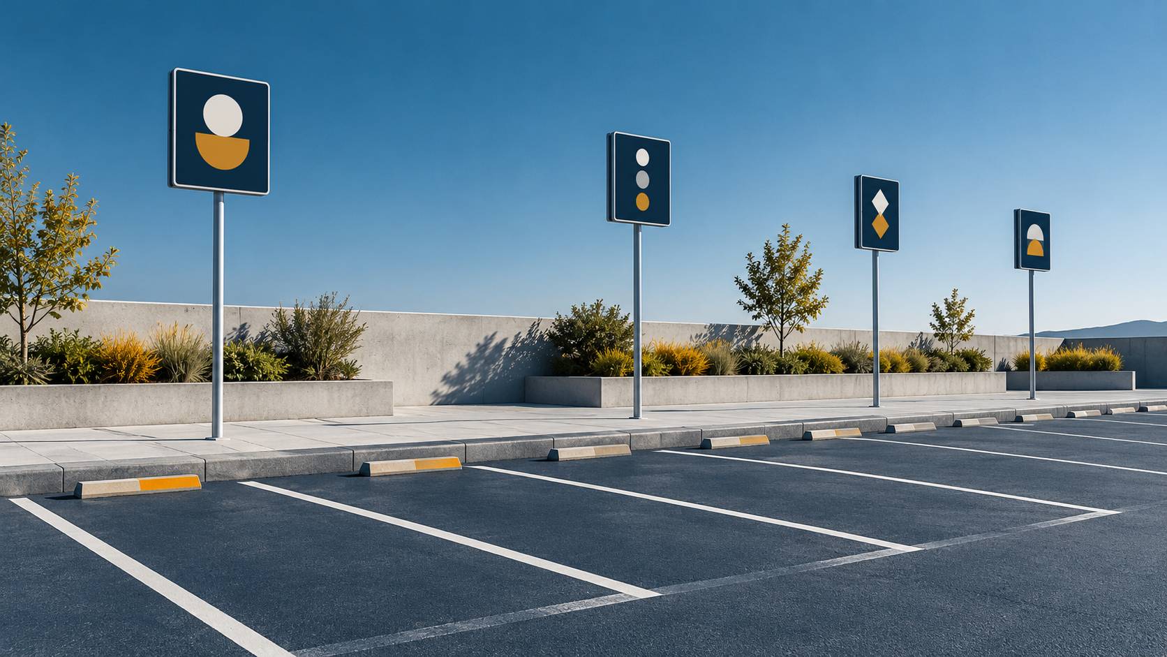 Panneaux de signalétique avec pictogrammes neutres sans inscription sur une aire de stationnement